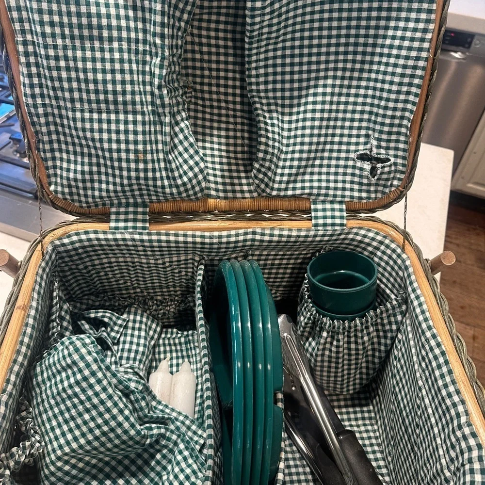 Vintage Wicker Picnic Basket with Green Checkered Accessories. Cottagecore